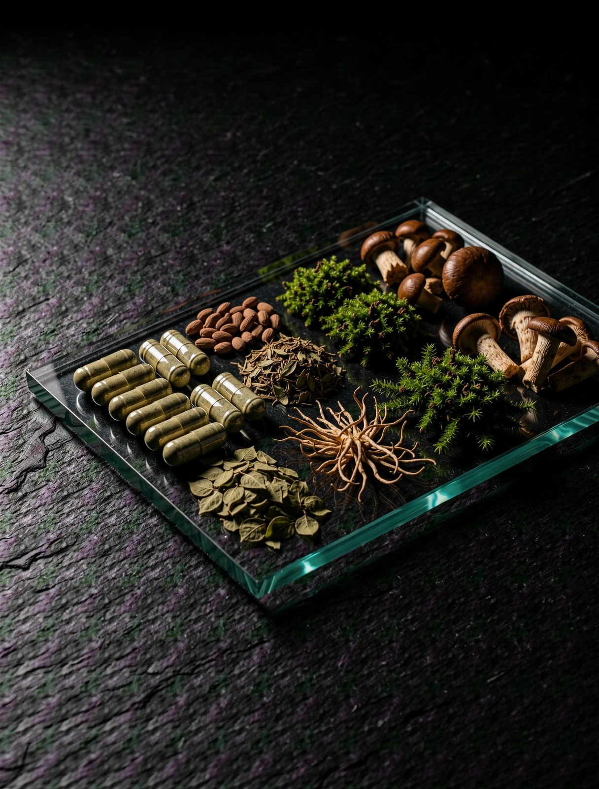 Raw botanical ingredients on obsidian surface